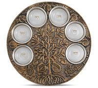 Artistic Antique Passover Seder Plate - Engraved Pomegranate Tree of Life Design Includes 6 Glass Plates Marked with Symbolic Foods - 12.5" Metal Pesach Plate Passover Decorations By Zion Judaica
