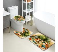 Artistic Bathroom Mat Sets 3 Piece, Colorful Abstract Brush Strokes Absorbent Non Slip Toilet Rugs U Shaped Washable, Spring Floral Quick Dry Flannel Bathroom Rug Set