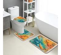 Artistic Bathroom Mat Sets 3 Piece, Oceanic Waves Abstract Non Slip Toilet Rugs U Shaped Washable, Vibrant Coastal Quick Dry Memory Foam Bathroom Rug Set