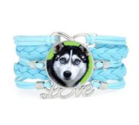 Artistic Big Eyes Malamute Dog Love Adjustable Leather Braided Bracelet Blu