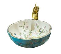 Artistic Blue Ceramic Round wash basins for Bathroom countertop Sinks with Flower and Bird Decoration Hand Made in jingdezhen