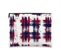 Artistic Bold Plaid Makeup Bag, Red Blue Brush Stroke Cosmetic Travel Pouch for Women, Portable Canvas Zipper Organizer, Summer Skincare Toiletry Bag, Red, 7x9 Inch, Plaid