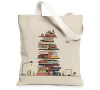 Artistic Books Canvas Tote Bags, Modern Library Stack Design Lightweight Reusable Shopping Bags, Eco-Friendly Washable Canv, Beige, 13x15 Inch