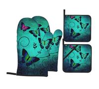 Artistic Butterfly Oven Gloves Set 2 Thick Oven Mitts 2 Placemat Pot Holders Kitchen Gloves Heat Resistant