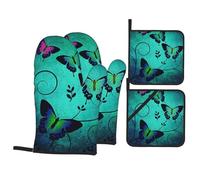 Artistic Butterfly Printed Oven Gloves Heat Resistant, Non Slip oven mitts Potholder with Hanging Loop for Kitchen Grilling, Baking, Bbq (4 Pcs)