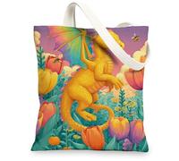 Artistic Canvas Tote Bags, Colorful Dragon Design Reusable Grocery Bags, Lightweight Washable Shoulder Strap Canvas Bags for Gym Outdoor Travel Beach Picnic 13x15 Inch