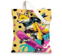 Artistic Canvas Tote Bags, Colorful Fox Design Reusable Grocery Bags, Lightweight Washable Shoulder Strap Canvas Bags for Gym Outdoor Travel Beach Picnic 13x15 Inch