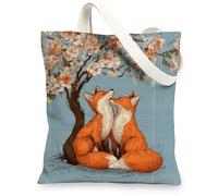 Artistic Canvas Tote Bags, Fox and Floral Pattern Reusable Grocery Bags, Lightweight Washable Shoulder Strap Canvas Bags for Gym Outdoor Travel Beach Picnic 13x15 Inch