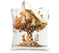 Artistic Canvas Tote Bags, Ghost Pattern Reusable Grocery Bags, Lightweight Washable Shoulder Strap Canvas Bags for Travel Outdoor Picnic 13x15 Inch