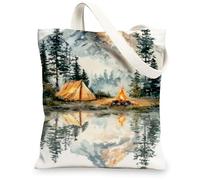 Artistic Canvas Tote Bags, Scenic Camping Design Reusable Grocery Bags, Eco-Friendly Lightweight Washable Shoulder Strap Canvas Bags for Travel Outdoor Picnic 13x15 Inch
