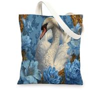 Artistic Canvas Tote Bags, Vintage Floral Swan Pattern Reusable Shopping Bags, Lightweight Washable Shoulder Strap Canvas f, Blue, 13x15 Inch