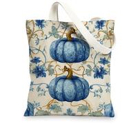 Artistic Canvas Tote Bags, Vintage Pumpkin Floral Print Reusable Grocery Bags, Lightweight Washable Shoulder Strap Canvas B, Blue, 13x15 Inch