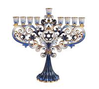 Artistic Chanukah Candle Menorah Elegantly Jeweled and Gold Plated Tree Fleur De Lis Menora for Hanukkah (Classic Blue) in Elegant Gift Box by Zion Judaica