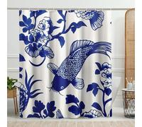 Artistic Colorful Fish Fish Shower Curtain, Blue White Floral Design Shower Curtain for Bathroom Decor, Spring Summer Asian Zen Inspired Waterproof Fabric Shower Curtain Set with Hooks 72x78 Inch