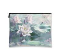 Artistic Elegant Makeup Bag, Water Lily Flowers Cosmetic Travel Pouch for Women, Portable Small Canvas Zipper Organizer, Spring Gift Toiletry Bag, White, 7x9 Inch, Water Lily