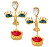Artistic Face Drop Earrings - Chunky Golden Statement Dangle Jewelry with Unique Eye & Lip Design