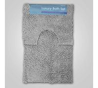 Artistic Fashionista Limited 2Pcs Luxury CHUNKY LOOP BATH MAT SET Non Slip and Absorbable 100% Microfibre Chenille Washable Pedestal Mat and Bath Mat Bathroom Rug (Silver)