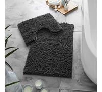 Artistic Fashionista* Luxury Zero Twist Teddy Anti Slip 2 Pcs Super Soft Bath Mat & Pedestal Set Water Absorbent Bathroom Rug & Toilet Set (Black)