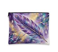 Artistic Feather Makeup Bag, Bohemian Cosmic Cosmetic Pouch for Women, Portable Canvas Zipper Organizer, Winter Travel Toiletry Bag, Violet, 7x9 Inch, Feather