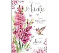 Artistic Female Birthday Card (JJ-SG87) - Special Auntie - Pink Flowers - Foil and Flitter Finish - Secret Garden Range