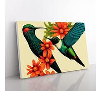 Artistic Floral Hummingbirds Canvas Wall Art Print Ready to Hang, Framed Picture for Living Room Bedroom Home Office Décor, 60x40 cm (24x16 Inch)