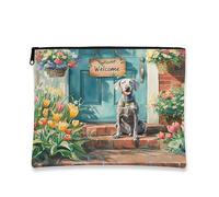 Artistic Floral Makeup Bag, Dog Welcome Print Cosmetic Travel Pouch for Women, Portable Canvas Zipper Organizer, Spring Garden Gift 7x9 Inch