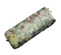 Artistic Flower Embroidery Pencil Case Cotton Linen Fabric Pen Pouch Portable Pencil Organizer Artist Student Asian School Supplies Case, brocade dobby green