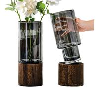 Artistic Glass Cylindrical Grey Flower Vase With Wooden Base Plant Vases