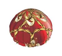 Artistic Golden Petal Pattern Red Waterproof Shower Cap,Elastic Bathing Hair Cap Environmental Protection Hair Bath Caps, Double WaterproofBathing Shower Hat
