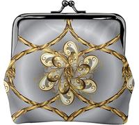 Artistic Golden Petal Pattern Women's Leather Coin Purse, Small Change Pouch with Kiss-Lock Clasp Closure Buckle Wallet for Girl Gift