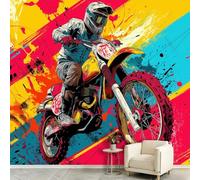 Artistic Graffiti Wall Murals 150 x 105 cm, Motocross Rider Motorcycle Mural Removable Wall Covering Fabric, Large Photo Wallpaper for Living Room Bedroom Kitchen Bathroom Office Kids
