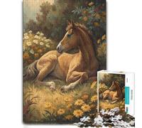 Artistic Jigsaw Puzzle for Adults, Foal Resting Among Flowers, 300 PCS