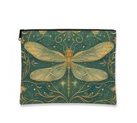 Artistic Makeup Bag, Dragonfly Pattern Vintage Cosmetic Travel Pouch for Women, Portable Small Canvas Zipper Organizer, Gift for Festivals, Green, 7x9 Inch, Dragonfly