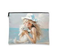 Artistic Makeup Bag, Dreamy Cat Pattern Travel Bag for Women, Small Portable Canvas Zipper Bag, Summer Toiletry Gift Bag, White, 7x9 Inch, Cat