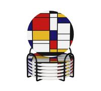 Artistic Mondrian Style Color Composition Red,Round Ceramic Coasters, Mugs Pad, Cups Mat Set of 6 Drinks Coasters With Holder