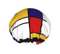 Artistic Mondrian Style Color Composition Red,Shower Cap Nightcap Double Layer Waterproof Elastic Bath Cap Reusable Hair Cap