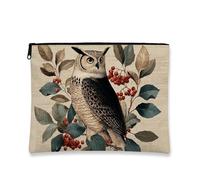 Artistic Owl Makeup Bag, Vintage Floral Cosmetic Travel Pouch for Women, Portable Canvas Zipper Organizer, Stylish Skincare Toiletry Bag, Perfect Choice for Fall and Winter, Beige, 7x9 Inch, Owl