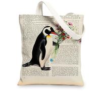 Artistic Penguin Canvas Tote Bags, Vintage Floral Print Reusable Shopping Bags, Lightweight Washable Eco-Friendly Shoulder Bags for Gym Travel Beach 13x15 Inch