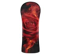 Artistic Red Rose with Fire Black Golf Club Head Cover Set Premium Leather Accessories with Interchangeable No. Tags for Driver Fairway Hybrid Wood