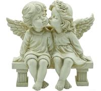 Artistic Resin Statue Depicting Angel Kissing Couple for Use as Decorative Accent in Libraries Parlors Guest Rooms and Patios (Antique White)
