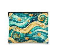 Artistic Seashell Makeup Bag, Vibrant Ocean Waves Cosmetic Travel Pouch for Women, Portable Small Canvas Zipper Bag, Summer Beach Toiletry Organizer, Turquoise, 7x9 Inch, Shells