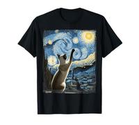 Artistic Siamese Cat Shirts Van Gogh Starry Night Style Artistic Feline Design T-Shirt Black Unisex Adults Small