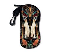 Artistic Siamese Cat Soft Glasses Case, Retro Black Floral Animal Eyewear Holder With Zipper Hook, Compact Storage Travel N, Black, 3x7 Inch