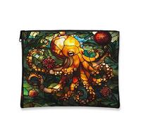 Artistic Stained Glass Cosmetic Bag, Orange Octopus Design Travel Pouch for Women, Portable Makeup Organizer, Holiday Gift Toiletry Bag 7x9 Inch