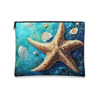 Artistic Starfish Cosmetic Bag, Nautical Ocean Pattern Makeup Pouch for Women, Portable Zipper Travel Organizer, Summer Beach Toiletry Bag, Blue, 7x9 Inch, Starfish