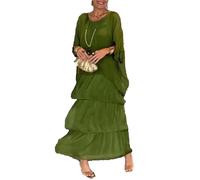Artistic Style Loose Dress, Women's Casual A-Line 3/4 Sleeve Round Neck Layered Summer Large Size Maxi Dresses (Green,Large)