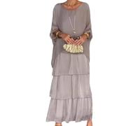 Artistic Style Loose Dress,Women's Casual A-Line 3/4 Sleeve Round Neck Layered Summer Large Size Maxi Dresses,Oversized Maxi Dress (Grey,XL)