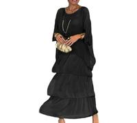 Artistic Style Loose Dress,Women's Casual A-Line 3/4 Sleeve Round Neck Layered Summer Large Size Maxi Dresses,Oversized Maxi Dress (Black,L)