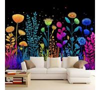 Artistic Style Neon Lights Wildflowers Wall Mural, Non-Woven Panoramic Wallpaper 300 x 210 cm (W x H) Black Murals for Living Room & Bedroom Decor- Home Poster