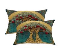 Artistic Throw Pillow Covers Set of 2, Teal Tree of Life Design Cushion Cases, Seasonal Decorative Square Home Decor for Sofa Couch Bed 20x12 Inch